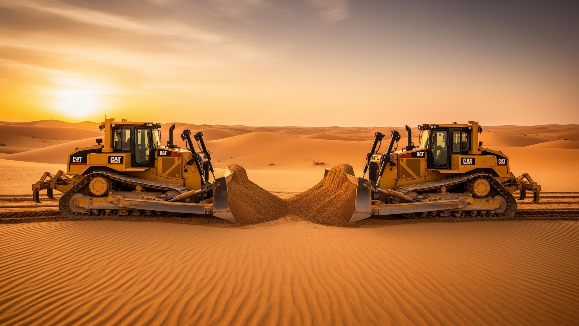 Two Caterpillar bulldozers working at sunset in the Sahara