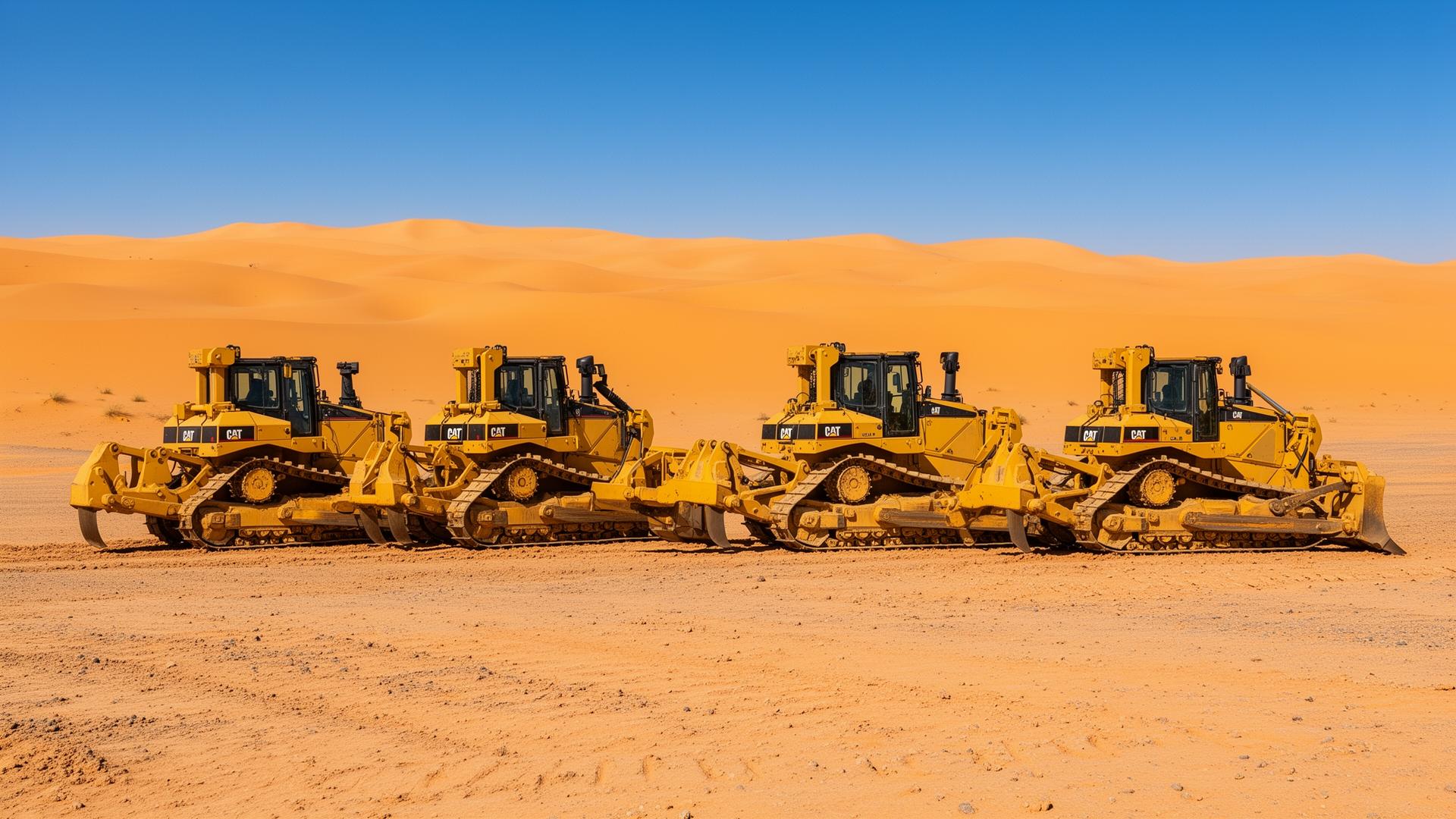 Fleet of four Caterpillar bulldozers in the Sahara desert