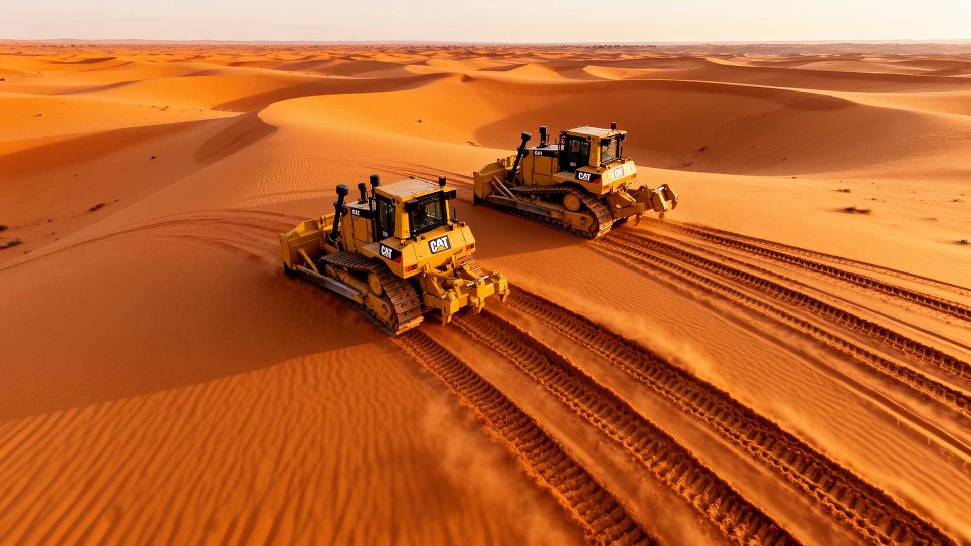 Aerial view of bulldozer convoy crossing Sahara dunes